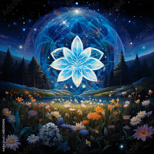 A digital painting of an ethereal flower lotus with petals made from sacred geometry, floating above a meadow filled with wildflowers under the starry night sky