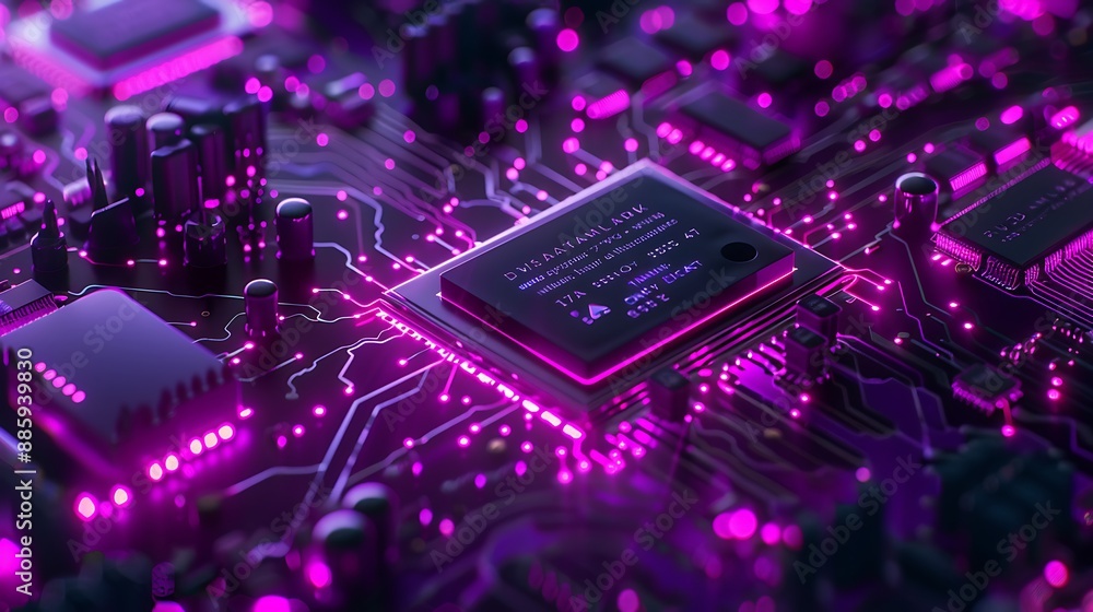 Obraz premium Processor processing data CPU chip in purple colour circuit data flowing computer and technology related