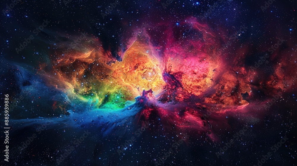 Fototapeta premium Envision the wonders of the cosmos with a colorful space galaxy cloud nebula, its radiant hues and swirling patterns painting a mesmerizing picture against the dark canvas of the night sky, 