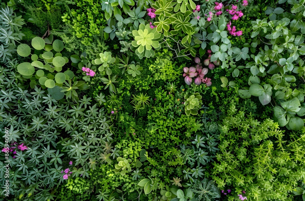 Green Wall with Variety of Plants and Pink Flowers Green Wall with Variety of Plants and Pink Flowers