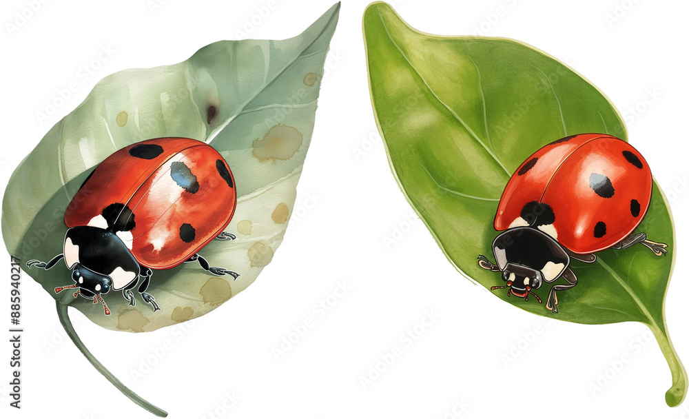 Fototapeta premium watercolor illustration of ladybug on green leaf