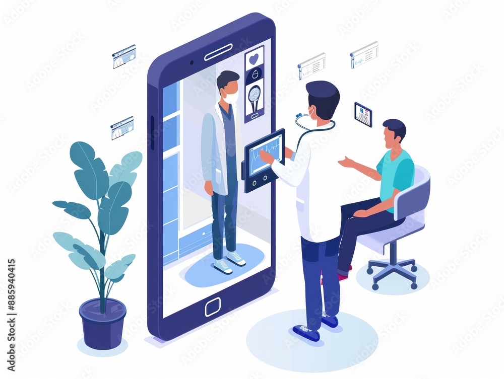 Advanced telehealth consultation, patient using smart mirror, virtual doctor visit Advanced telehealth consultation, patient using smart mirror, virtual doctor visit