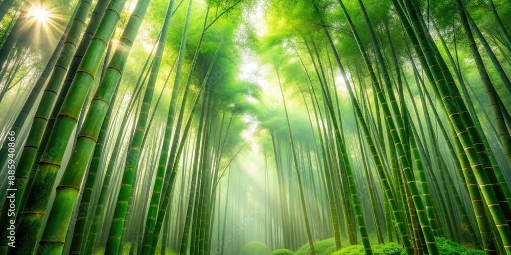 Serene and vibrant green bamboo forest with thick stalks and misty atmosphere, natural light filtering through dense foliage, peaceful and isolated environment. Serene and vibrant green bamboo forest with thick stalks and misty atmosphere, natural light filtering through dense foliage, peaceful and isolated environment.