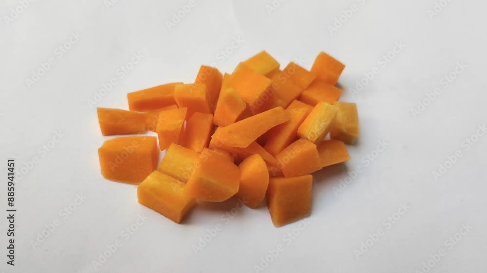 This is a front view of a freshly diced carrot, also known as Daucus carota L. A closeup of raw carrot pieces. Chopped carrot root vegetable. Stack of diced carrots on a white background. This is a front view of a freshly diced carrot, also known as Daucus carota L. A closeup of raw carrot pieces. Chopped carrot root vegetable. Stack of diced carrots on a white background.