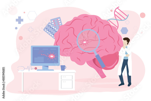 Nervous system concept. Brain and neuron anatomy connections diagnosis. Moving man doctors or scientists conduct research on brain and neural connections.