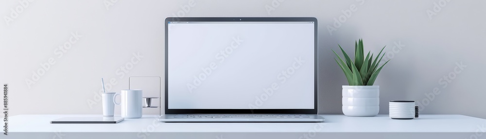 Minimalist workspace with a laptop, tablet, glasses, potted plant, and speaker on a white desk against a light gray wall. Minimalist workspace with a laptop, tablet, glasses, potted plant, and speaker on a white desk against a light gray wall.