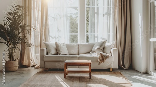 Elegant Minimalist Living Room Featuring White Walls, Grey Curtains, and Wooden Furniture, with Natural Light Streaming Through Large Windows, Showcasing Modern Home Decor 