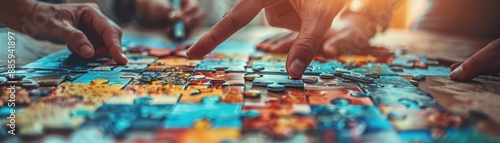 A group of people are working on a jigsaw puzzle together