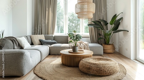 Elegant Minimalist Living Room Featuring White Walls, Grey Curtains, and Wooden Furniture, with Natural Light Streaming Through Large Windows, Showcasing Modern Home Decor 