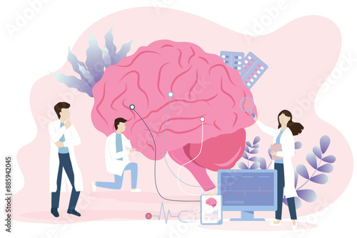  Brain and nervous system connections diagnosis concept. doctor hold magnifying glass diagnosis examine and treat human brain. Nervous system disease therapy.