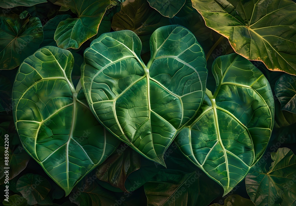 Fototapeta premium Vibrant Green Alocasia Leaves Close-Up