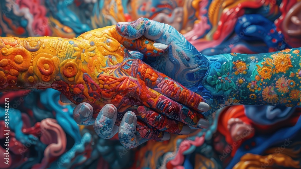 Two hands are touching each other in a colorful painting Two hands are touching each other in a colorful painting
