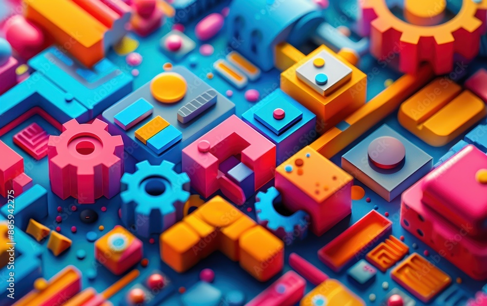 A colorful, abstract image of gears and blocks A colorful, abstract image of gears and blocks