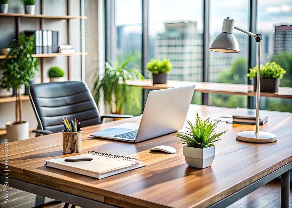 Fototapeta premium Modern desk with sleek laptop, professional documents, and stylish decor, conveying a sense of organization and efficiency in a corporate workspace setting.