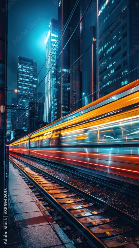 A train is traveling down a track in a city at night A train is traveling down a track in a city at night