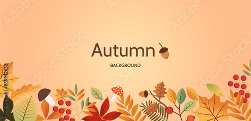 The background is decorated in an autumn theme. Autumn leaves; berries; mushrooms and acorns. Autumn festival.
