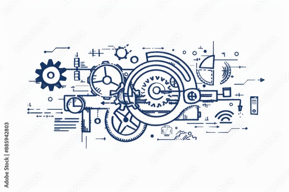 Obraz premium Hand-Drawn Gadget Illustration with Gears: Symbolizing the Concept of Functions in Programming and Software Development