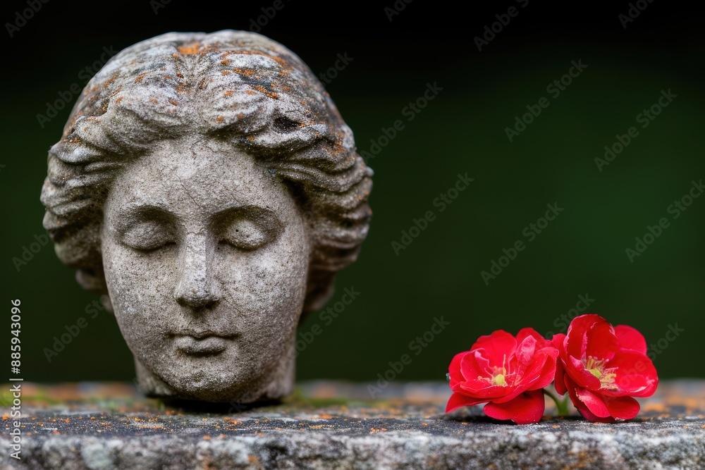 Serene stone sculpture with vibrant red flowers Serene stone sculpture with vibrant red flowers