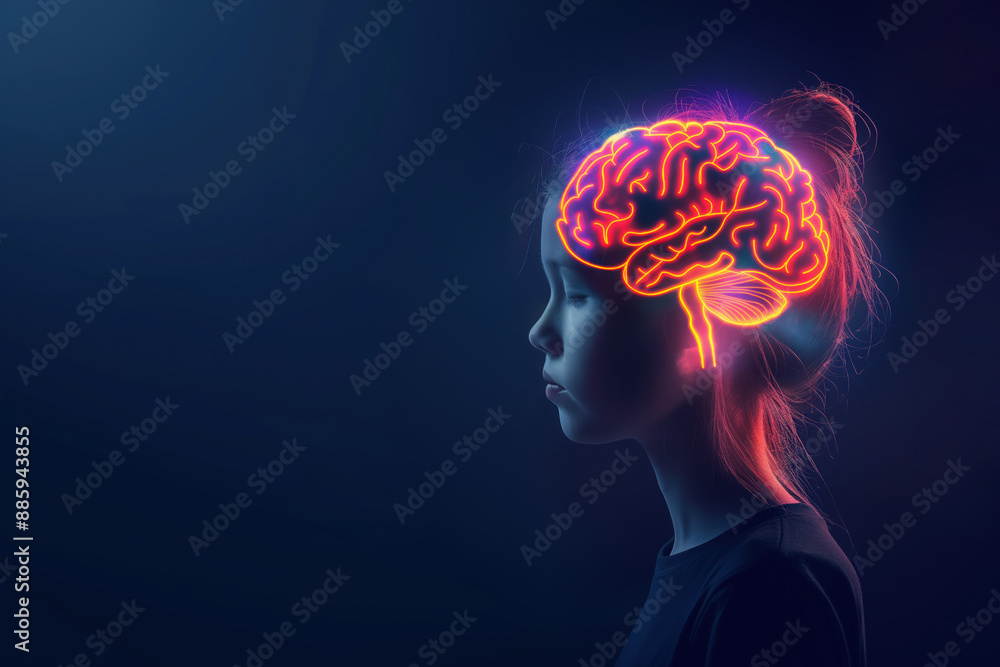 Side view of a little girl with glowing brain on dark blue background, banner design with copy space Side view of a little girl with glowing brain on dark blue background, banner design with copy space