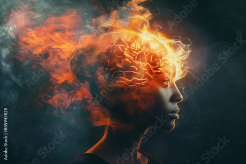 Realistic photo collafe of a woman's head with her brain on fire on a dark background, a concept of mental health and stress management