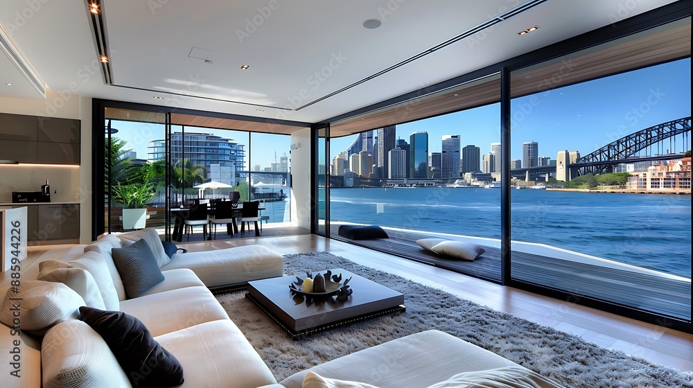 Naklejka premium Modern Living Room with Stunning Cityscape View