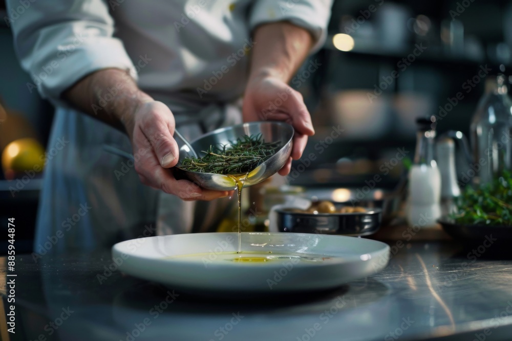 Chef using olive oil seasoning dish in kitchen Chef using olive oil seasoning dish in kitchen