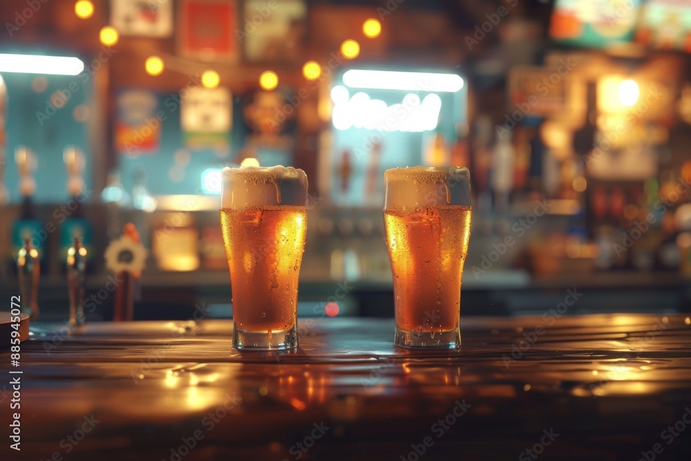 Two cold pints of beer at a lively bar Two cold pints of beer at a lively bar