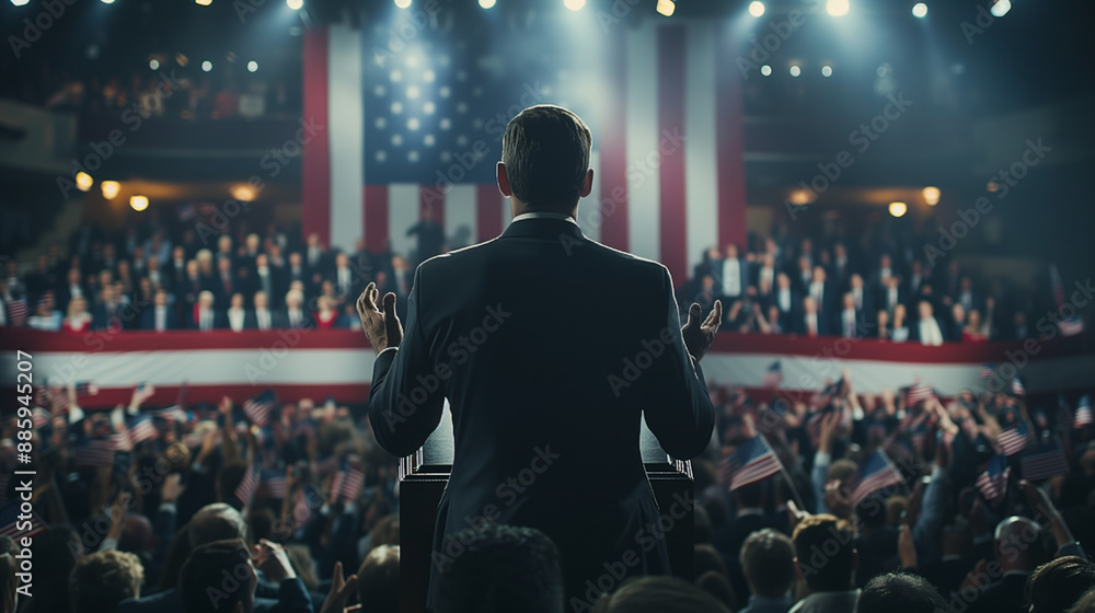 A politician is giving a speech in front of a crowd, with an American flag in the background A politician is giving a speech in front of a crowd, with an American flag in the background