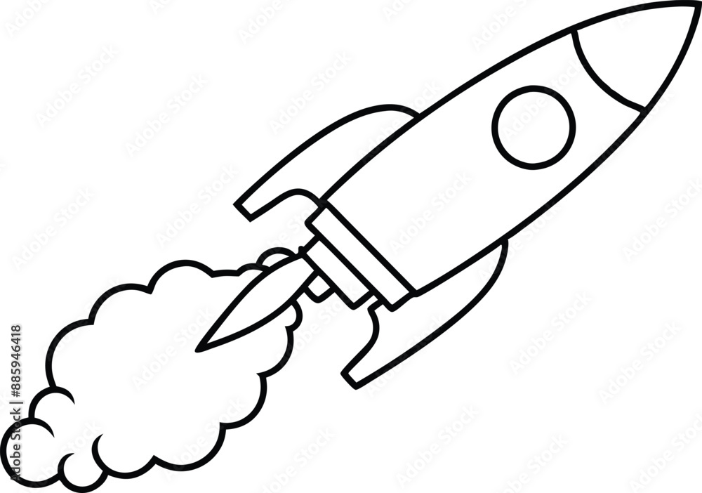 

Rocket launch line art element, rocket with Smoke silhouette black and white illustration
