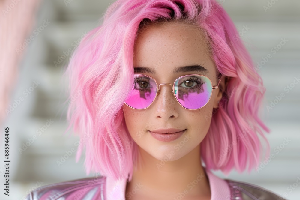 stylish young woman with pink hair and sunglasses stylish young woman with pink hair and sunglasses