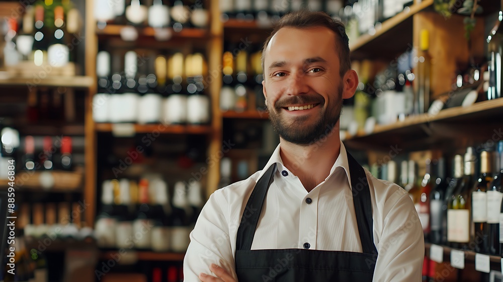 Smiling Wine Shop Owner in Front of Shelves Smiling Wine Shop Owner in Front of Shelves