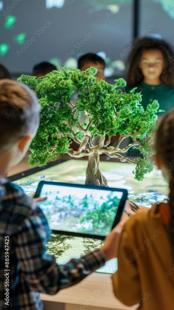 Fototapeta premium Innovative Modern Classroom: Students Engage with Augmented Reality Biology Lessons Featuring 3D Tree Models on Tablets.