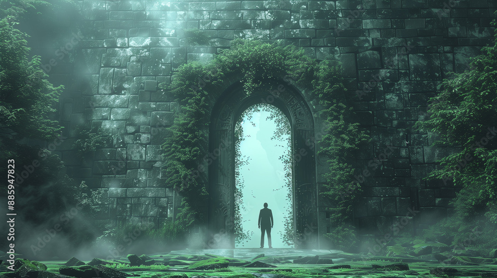 Fototapeta premium silhouette of a businessman walking through the big door