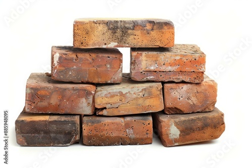 Stack of old red clay bricks forming a pyramid shape, isolated on a white background