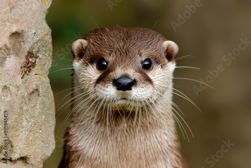 Cute otter peering out from rock