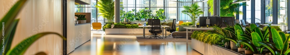 Fototapeta premium Contemporary Office Space Enhanced with Lush Greenery, Fostering Employee Health and Sustainable Corporate Environmental Practices.