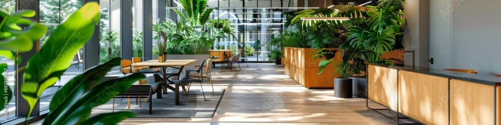 Fototapeta premium Modern Office Space with Lush Greenery, Promoting Employee Well-being and Sustainable Corporate Environmental Development.