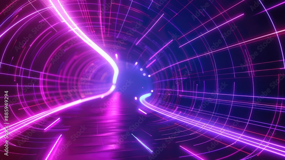 Obraz premium Futuristic abstract neon background depicting a space tunnel curving to the left, 