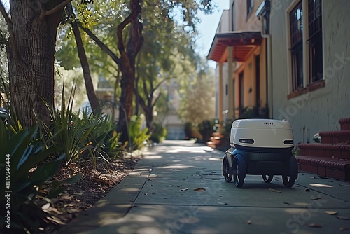 Innovative Last-Mile Delivery Robot Navigating a Scenic Sidewalk in a Tranquil Neighborhood photo