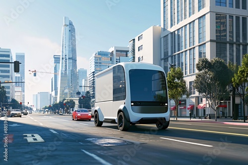 Futuristic Autonomous Delivery Truck Navigates Bustling City Streets Efficiently © ArtsybitDesign