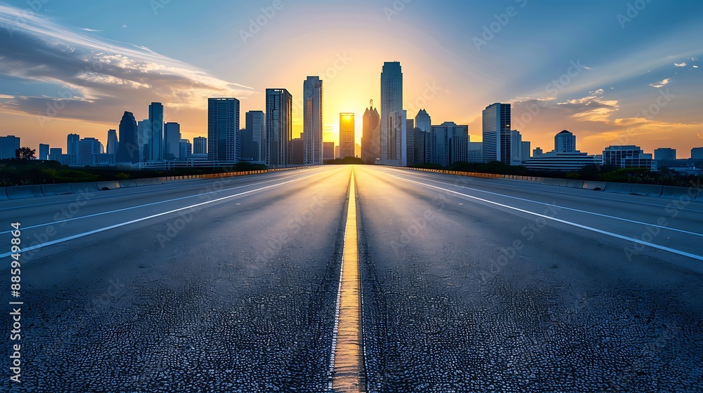 Fototapeta premium Empty Highway Leading to City Skyline at Sunset