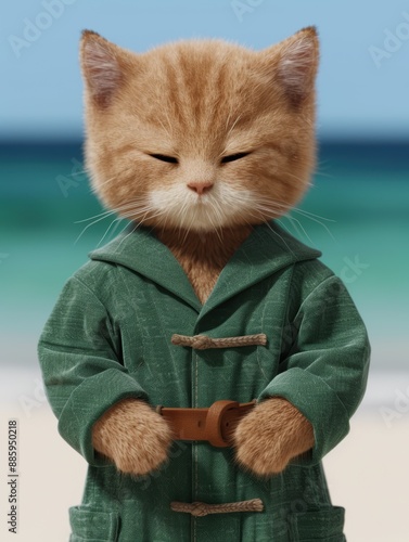 Cute kitten wearing green coat on beach