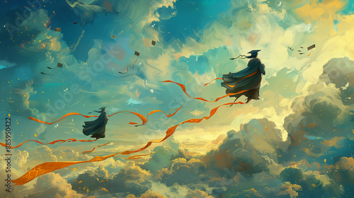 graduates flying in sky, br...