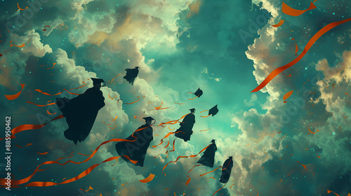 graduates flying in sky, br...