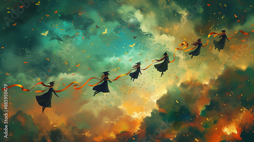 graduates flying in sky, br...