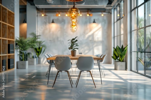 Modern Office Interior Featuring White Walls, Minimalist Desk and Chairs, Large Windows for Abundant Natural Light, Plants on Shelves, and a Neutral Color Scheme with Sleek Design and Spacious Layout 