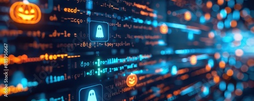 A computer screen displaying Halloweenthemed code with spooky icons like ghosts and pumpkins