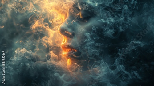  woman face on black background and smoke.