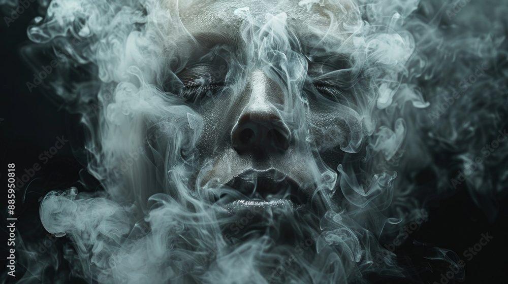 woman face on black background and smoke. woman face on black background and smoke.