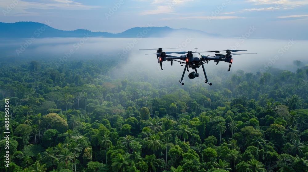 Fototapeta premium Aerial view of a drone flying over a dense green forest from the south to the north, with a clear blue sky and a calm plane flying beside it